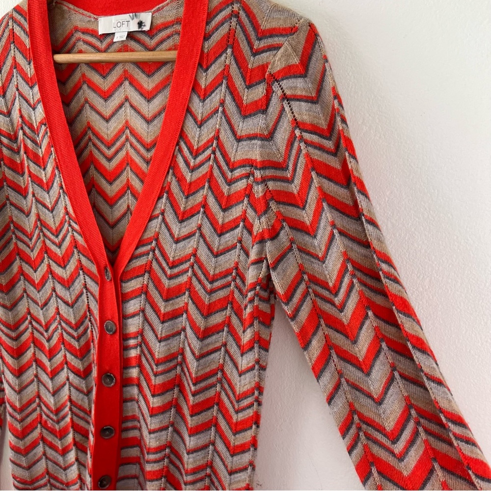 LOFT Orange Wool Blend Chevron Printed Lightweight Buttoned Cardigan Sweater - Picture 7 of 12